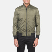 Close-Up Detail of Band &amp; Zipper with wind flap Hardware on Men's Ramon Green Bomber Jacket