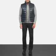 
Men's Reeves Blue Leather Puffer Vest - Lateral Side Profile View Showing Sleeve Cut & Athletic Taper Fit