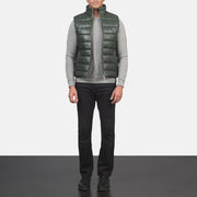 Men's Reeves Green Leather Puffer Vest - Lateral Side Profile View Showing Sleeve Cut &amp; Athletic Taper Fit