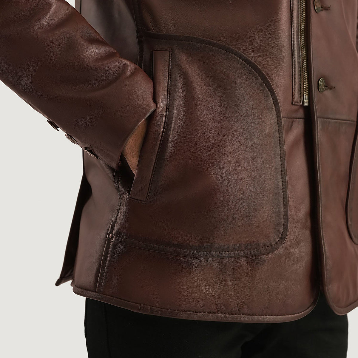 Men's Rocky Brown Fur Leather Coat - Lateral Side Profile View Showing Sleeve Cut &amp; Athletic Taper Fit
