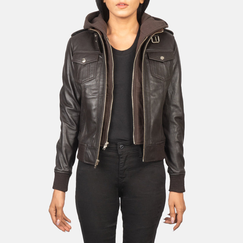 Roslyn Hooded Leather Bomber Jacket