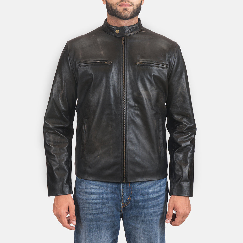 Rustic Black Leather Biker Jacket in Distressed Black Cowhide Leather - Front Profile View &amp; Tailored Silhouette | Buy Online