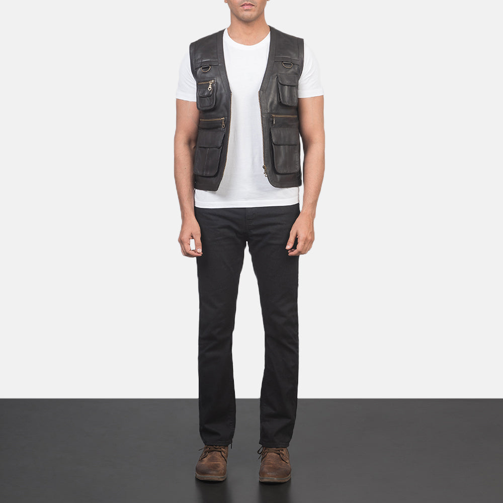 Men's Safari Brown Leather Vest - Lateral Side Profile View Showing Sleeve Cut &amp; Athletic Taper Fit