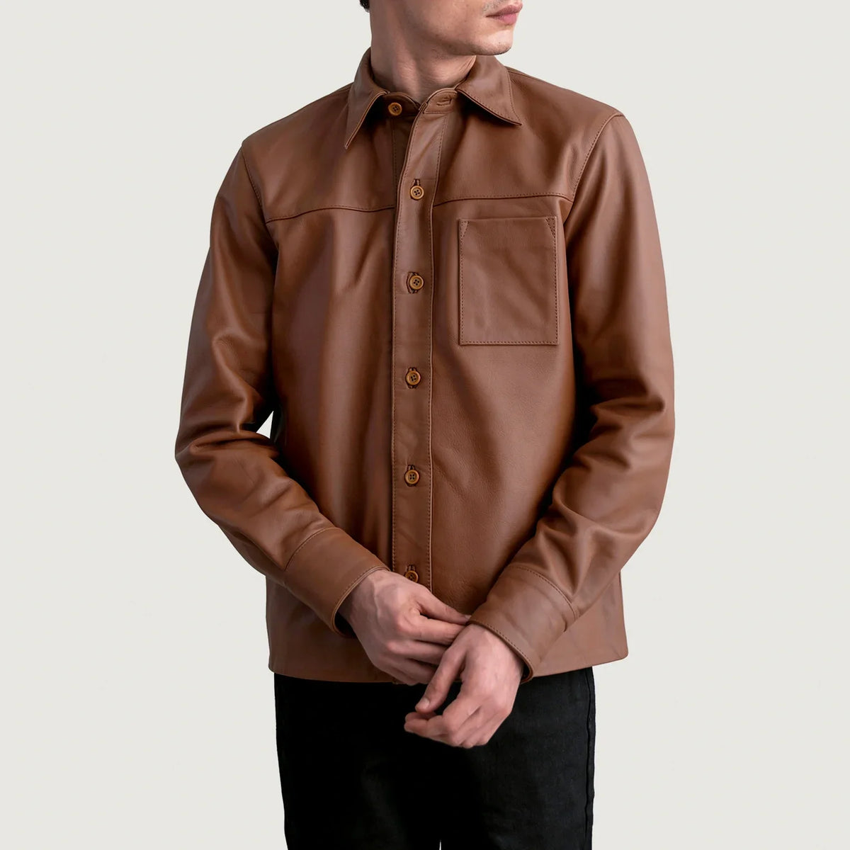 Scout Matte Brown Leather Shirt - Lateral Side Profile View Showing Sleeve Cut &amp; Athletic Taper Fit