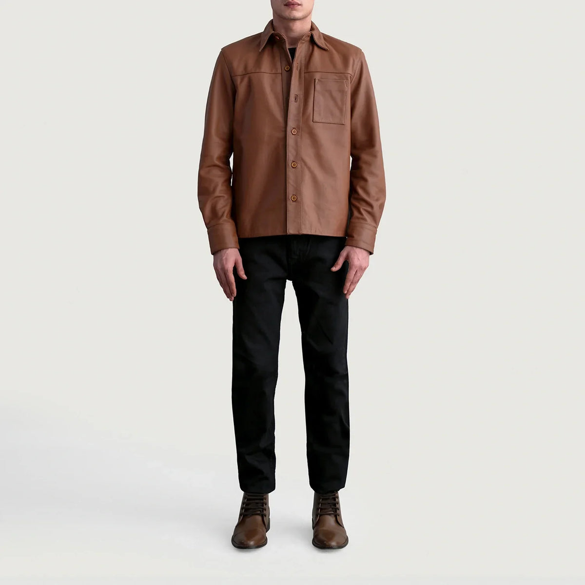 Close-Up Detail of Shirt &amp; Buttons Hardware on Scout Matte Brown Leather Shirt