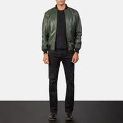 Close-Up Detail of Rib Knit &amp; Zipper Hardware on Men's Shane Army Green Leather Bomber Jacket