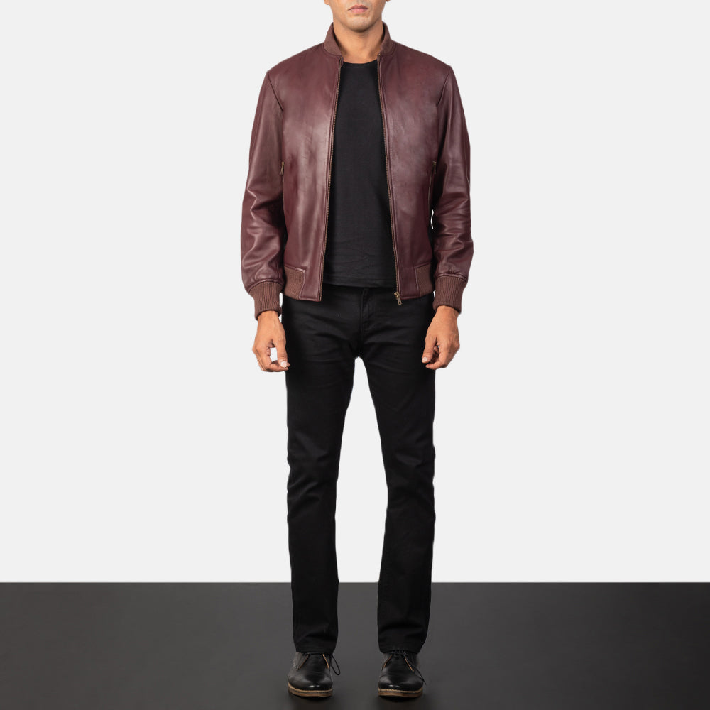 
Men's Shane Maroon Leather Bomber Jacket - Lateral Side Profile View Showing Sleeve Cut & Athletic Taper Fit