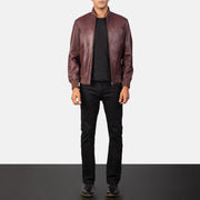 
Men's Shane Maroon Leather Bomber Jacket - Lateral Side Profile View Showing Sleeve Cut & Athletic Taper Fit