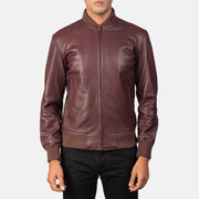 
Close-Up Detail of Varsity & Zipper Hardware on Men's Shane Maroon Leather Bomber Jacket