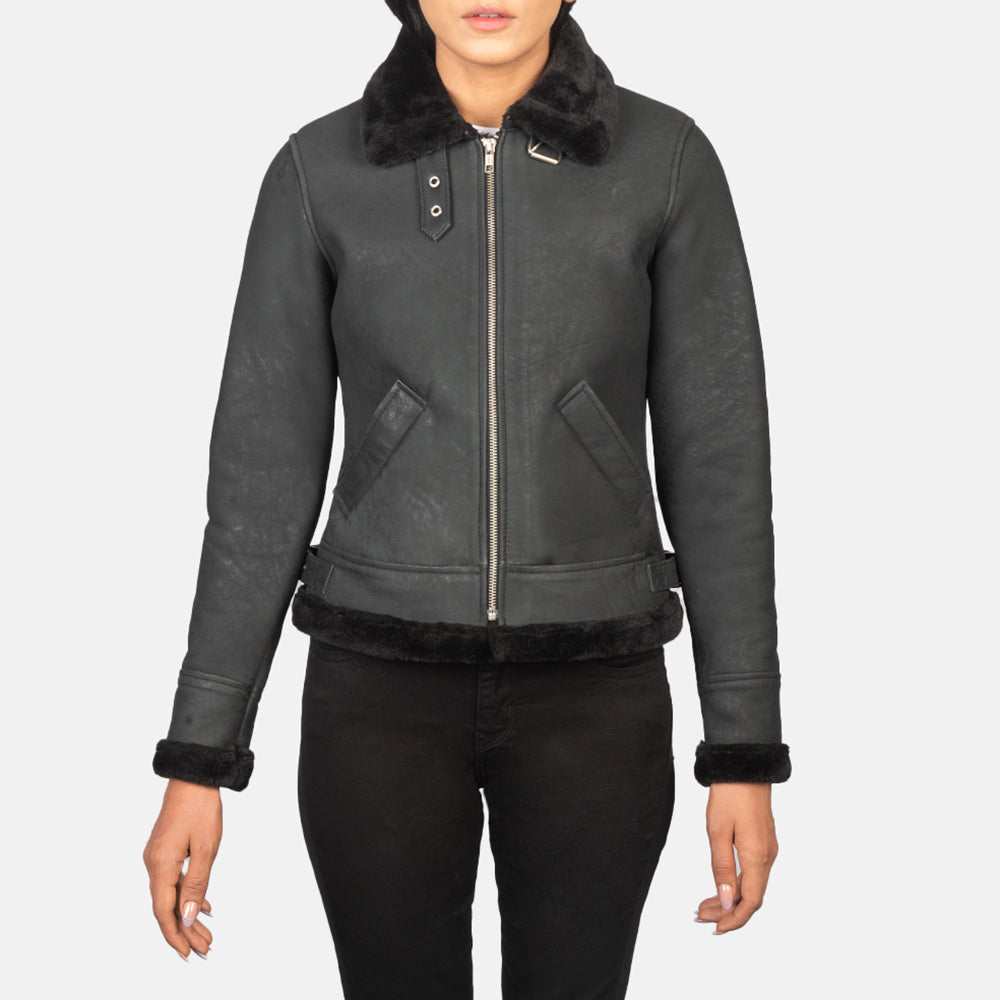 Close-Up Detail of Buckled Collar &amp; Zipper Hardware on Women's Sherilyn B-3 Distressed Black Leather Bomber Jacket