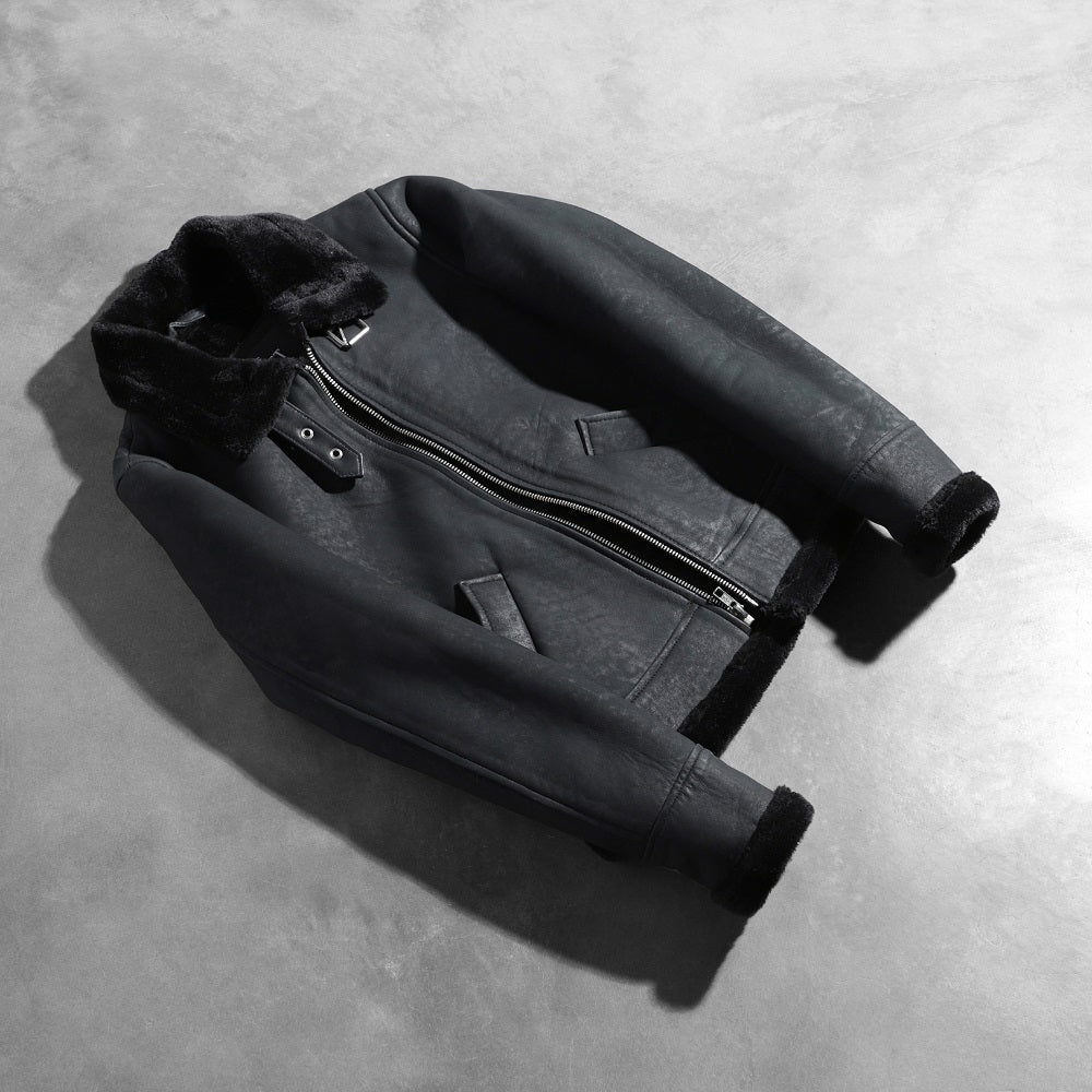 Roll-back Cuffs &amp; Hem Craftsmanship Construction Detail on Women's Sherilyn B-3 Distressed Black Leather Bomber Jacket