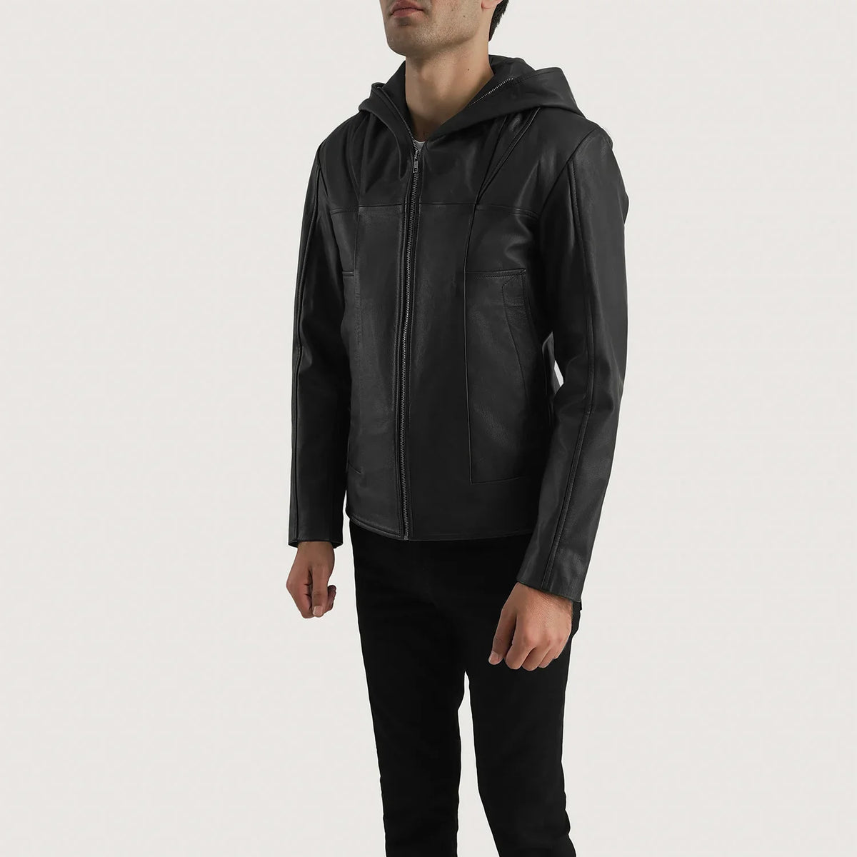 Men's Spratt Black Hooded Leather Jacket - Lateral Side Profile View Showing Sleeve Cut &amp; Athletic Taper Fit