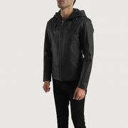 Men's Spratt Black Hooded Leather Jacket - Lateral Side Profile View Showing Sleeve Cut &amp; Athletic Taper Fit