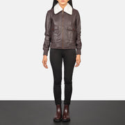 
Women's Stella G-1 Maroon Leather Bomber Jacket - Lateral Side Profile View Showing Sleeve Cut & Athletic Taper Fit