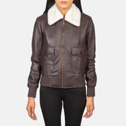 
Close-Up Detail of Shirt with Removable Collar & Zipper Hardware on Women's Stella G-1 Maroon Leather Bomber Jacket