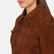 
Women's Suzy Brown Suede Trucker Jacket - Lateral Side Profile View Showing Sleeve Cut & Athletic Taper Fit