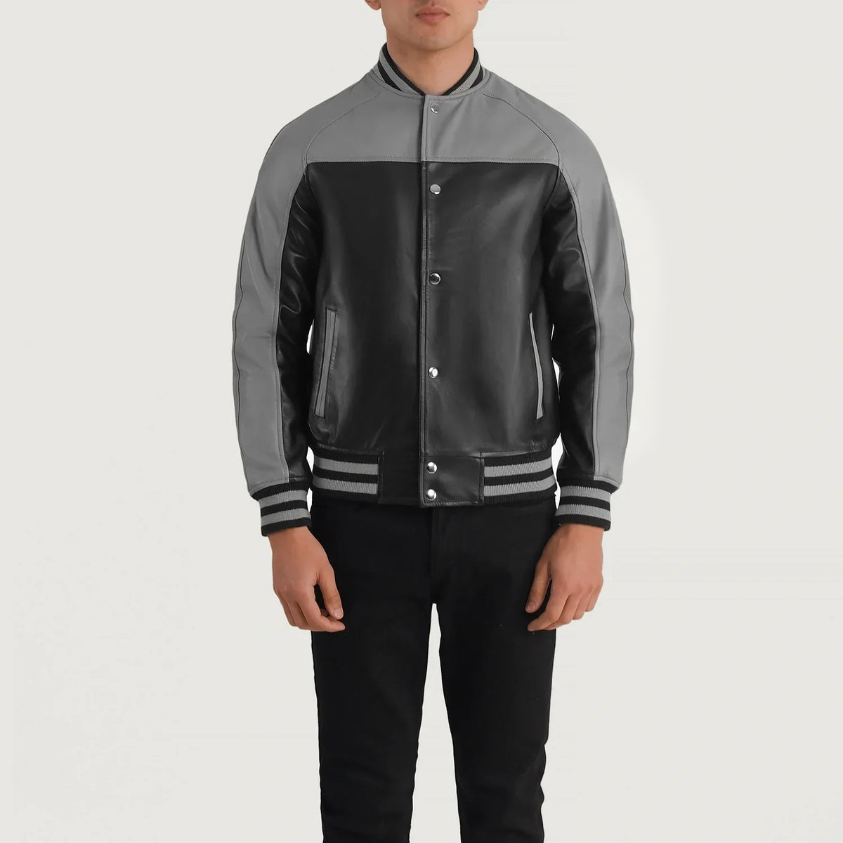 Close-Up Detail of Varsity &amp; Snap Buttons Hardware on Terrance Black &amp; Red Leather Varsity Jacket