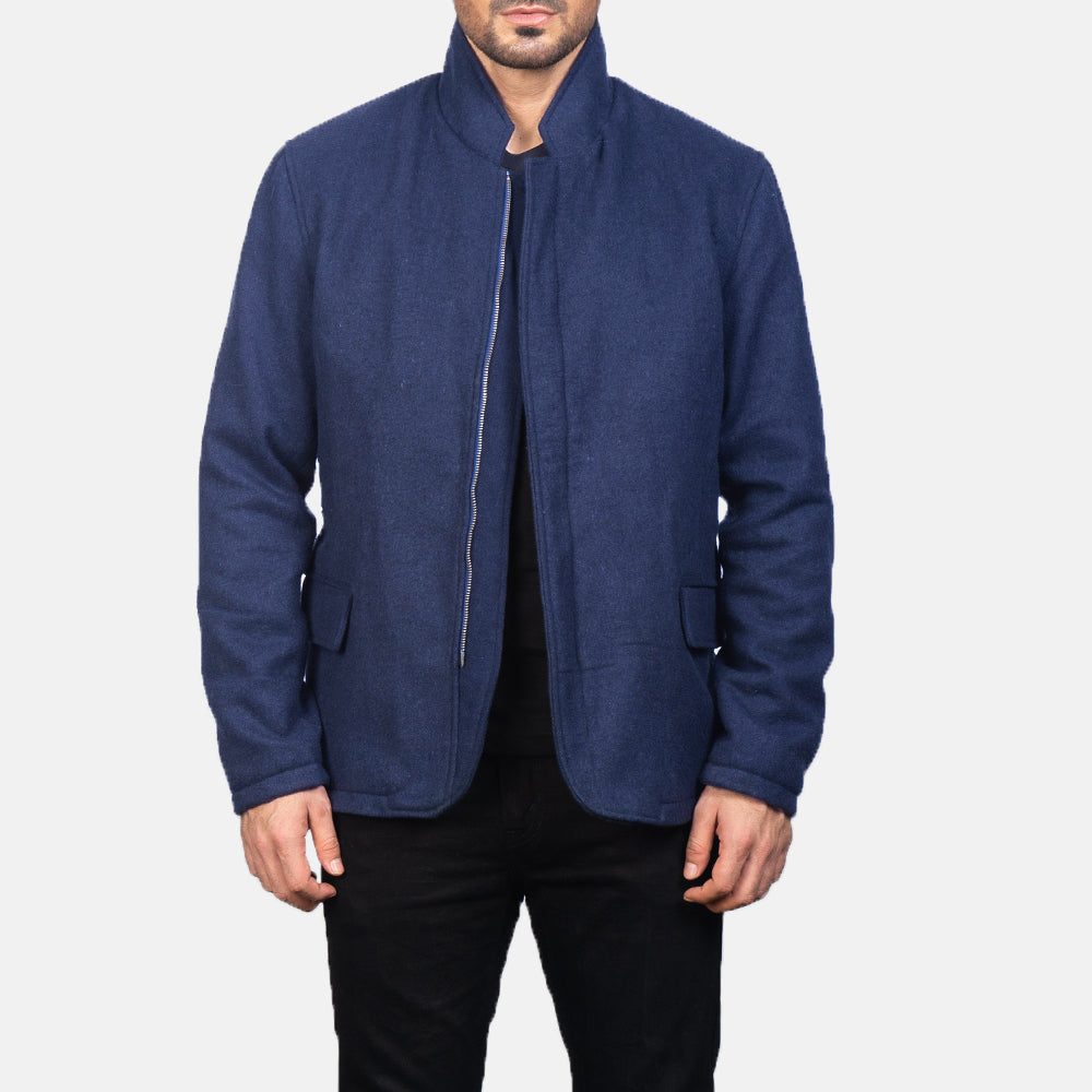 Men's Thomas Blue Wool Jacket in Navy Blue Synthetic Wool - Front Profile View &amp; Tailored Silhouette | Buy Online