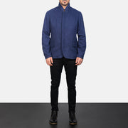 Men's Thomas Blue Wool Jacket - Lateral Side Profile View Showing Sleeve Cut &amp; Athletic Taper Fit