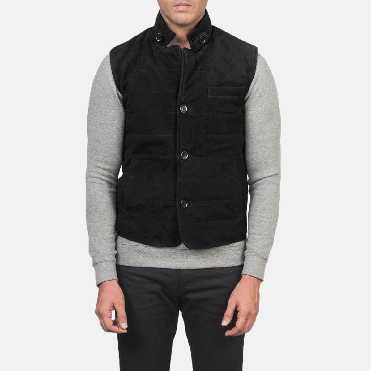 Close-Up Detail of Notch with removable throat latch &amp; Button Hardware on Men's Tony Black Suede Vest