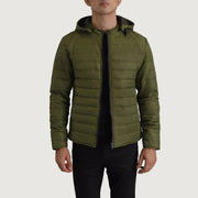 Tyler Green Hooded Puffer Jacket in Green Full-Grain Leather - Front Profile View &amp; Tailored Silhouette | Buy Online