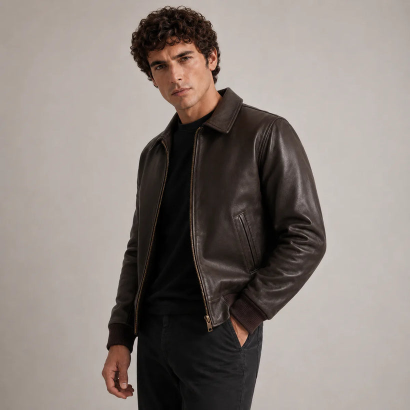 Dark Brown Sheepskin Leather Bomber Jacket