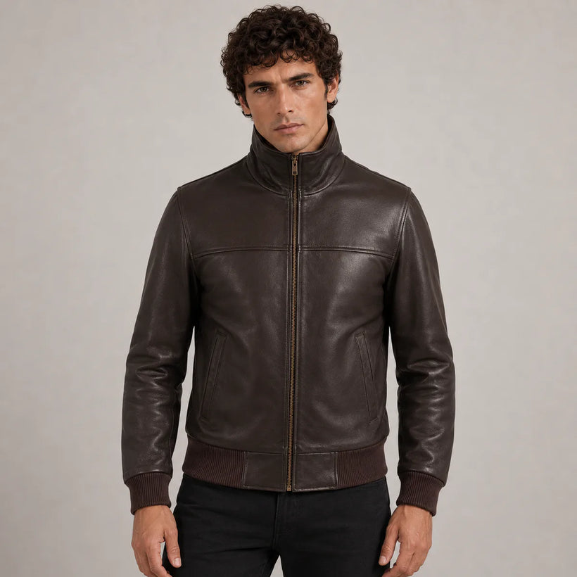 Dark Brown Sheepskin Leather Bomber Jacket