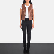 Women's Vanda Brown Leather Biker Vest - Lateral Side Profile View Showing Sleeve Cut &amp; Athletic Taper Fit