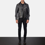 
Men's Vincent Black Leather Biker Jacket - Lateral Side Profile View Showing Sleeve Cut & Athletic Taper Fit