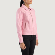 
Pink Sheepskin Leather Biker Jacket - Back View Showing Tailored Shoulder Fit & Clean Hemline