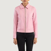 
Close-Up Detail of Shirt & Zipper Hardware on Women's Vixen Pink Classic Collar Leather Jacket