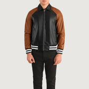 Close-Up Detail of Shirt collar &amp; Zipper Hardware on Walton Blue Leather Varsity Jacket