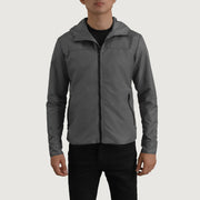 
Close-Up Detail of Classic Collar & Zipper With Inside Wind Flap. Hardware on Wesley Grey Hooded Windbreaker Jacket