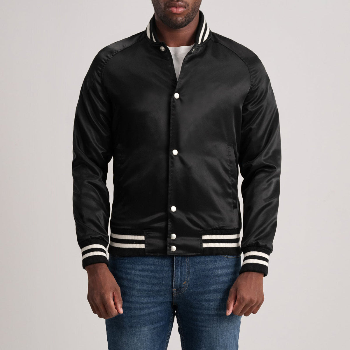 Xander Black Varsity Jacket in Black Satin - Front Profile View &amp; Tailored Silhouette | Buy Online