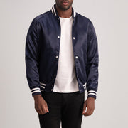Xander Blue Varsity Jacket - Lateral Side Profile View Showing Sleeve Cut &amp; Athletic Taper Fit