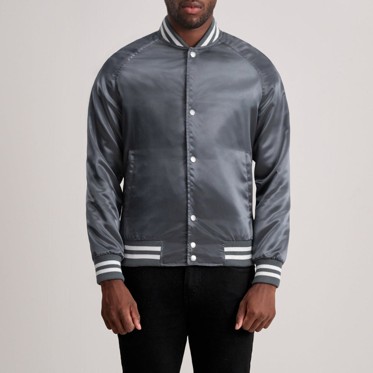 Xander Grey Varsity Jacket in Grey Satin - Front Profile View &amp; Tailored Silhouette | Buy Online