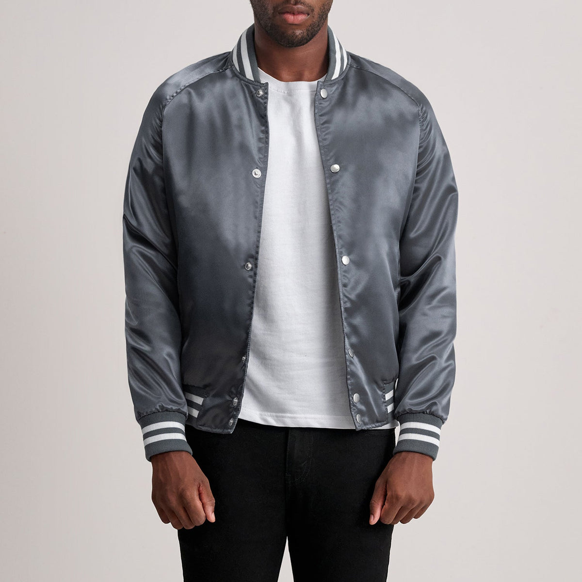 Xander Grey Varsity Jacket - Lateral Side Profile View Showing Sleeve Cut &amp; Athletic Taper Fit