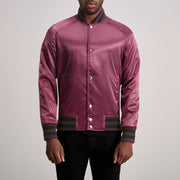 Xander Maroon Varsity Jacket in Maroon Satin - Front Profile View &amp; Tailored Silhouette | Buy Online