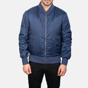 Close-Up Detail of Varsity &amp; Zipper Hardware on Men's Zack Blue Bomber Jacket