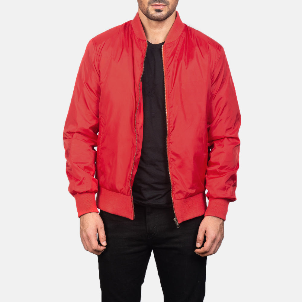Men's Zack Red Bomber Jacket in Red Nylon - Front Profile View &amp; Tailored Silhouette | Buy Online