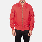 Close-Up Detail of Varsity &amp; Zipper Hardware on Men's Zack Red Bomber Jacket