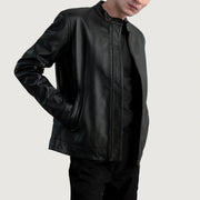 Zen Black Leather Biker Jacket - Lateral Side Profile View Showing Sleeve Cut &amp; Athletic Taper Fit