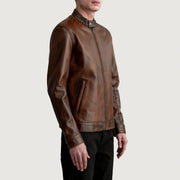 Distressed Brown Sheepskin Leather Biker Jacket - Back View Showing Tailored Shoulder Fit &amp; Clean Hemline