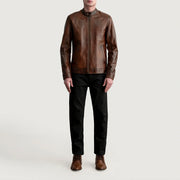 Close-Up Detail of Snap Button &amp; Zipper Hardware on Zen Distressed Brown Leather Biker Jacket