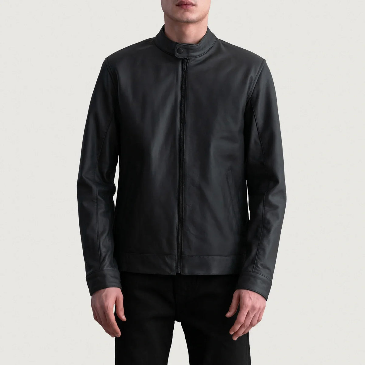 Zen Matte Black Leather Biker Jacket - Lateral Side Profile View Showing Sleeve Cut &amp; Athletic Taper Fit