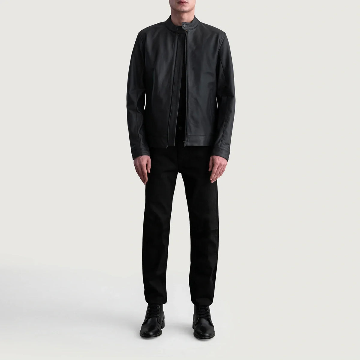 Close-Up Detail of Snap Button &amp; Zipper Hardware on Zen Matte Black Leather Biker Jacket